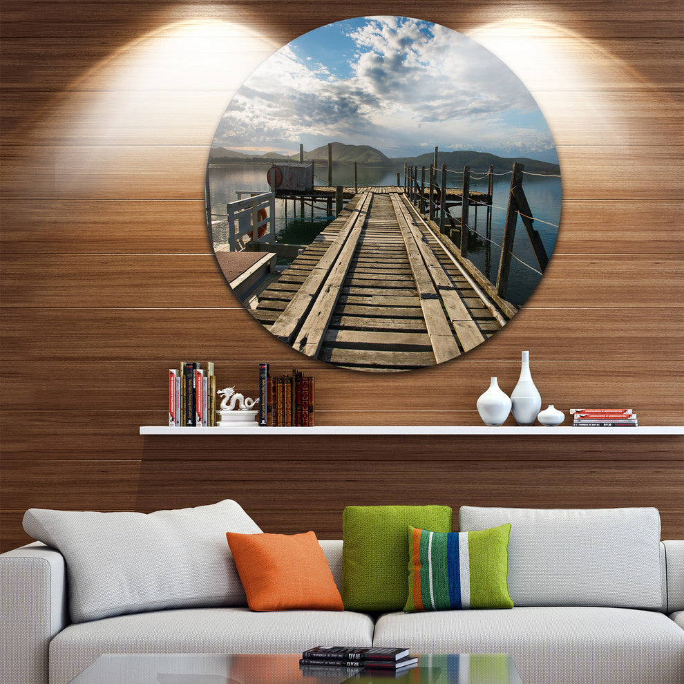 Wooden Bridge In New Zealand, Sea Bridge Round Metal Wall Art, 36"