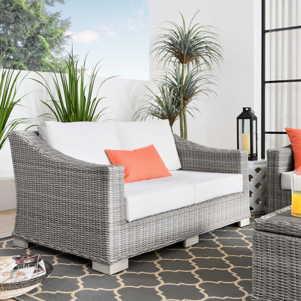 Lounge Loveseat Sofa, Rattan, Wicker, Gray White, Modern, Outdoor Patio
