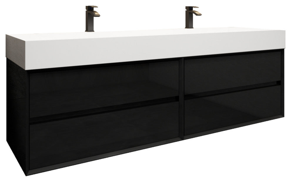 MAX 72" Double Floating Bath Vanity With Acrylic Sink, Gloss Black