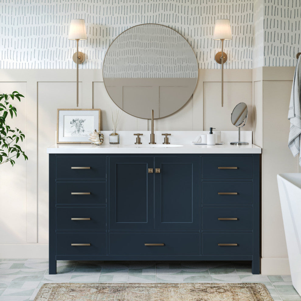 ARIEL Cambridge 61" Single Oval Sink Midnight Blue Vanity Quartz Top, No Mirror