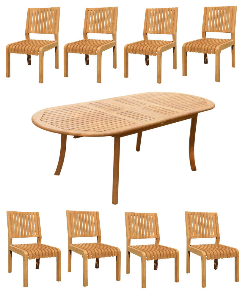9-Piece Outdoor Teak Dining Set: 117" Oval Ext Table, 8 Maldives Armless Chairs