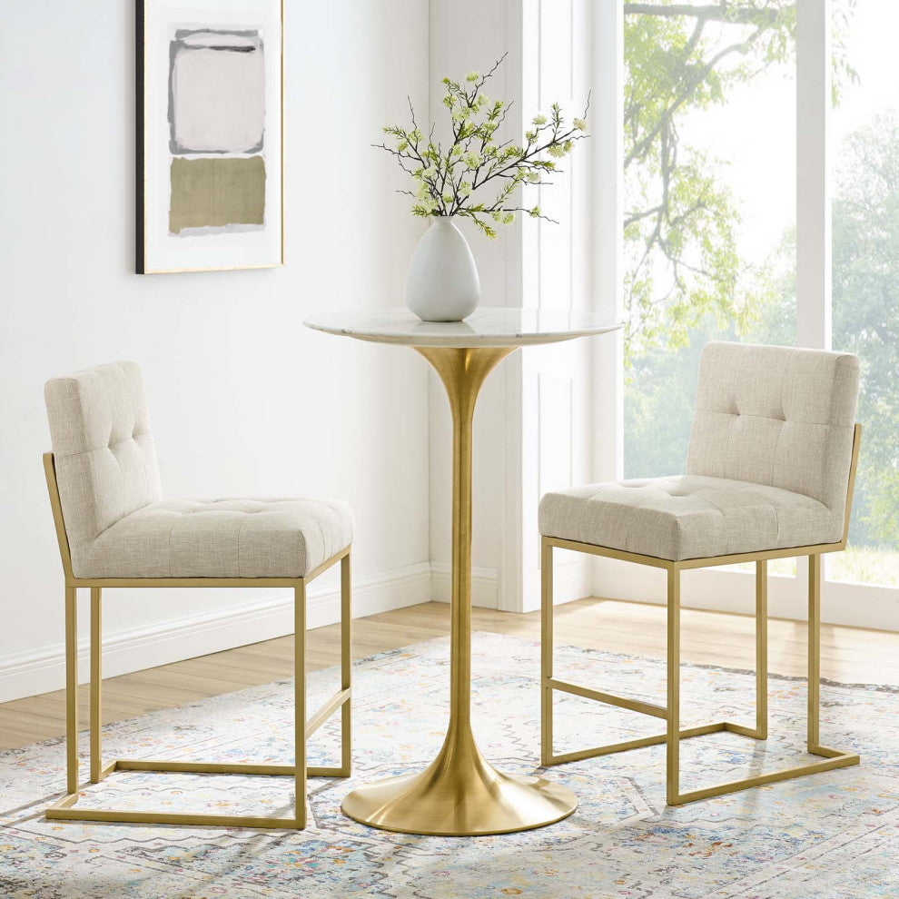 Counter Stool Chair, Set of 2, Fabric, Metal, Gold Beige, Modern, Bar Pub Bistro