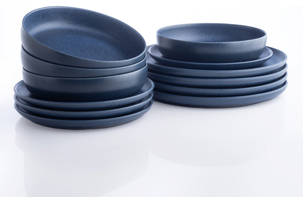 Porto by Stone Lain Macchio Stoneware Dinnerware Set, Blue Matte, 12-Piece