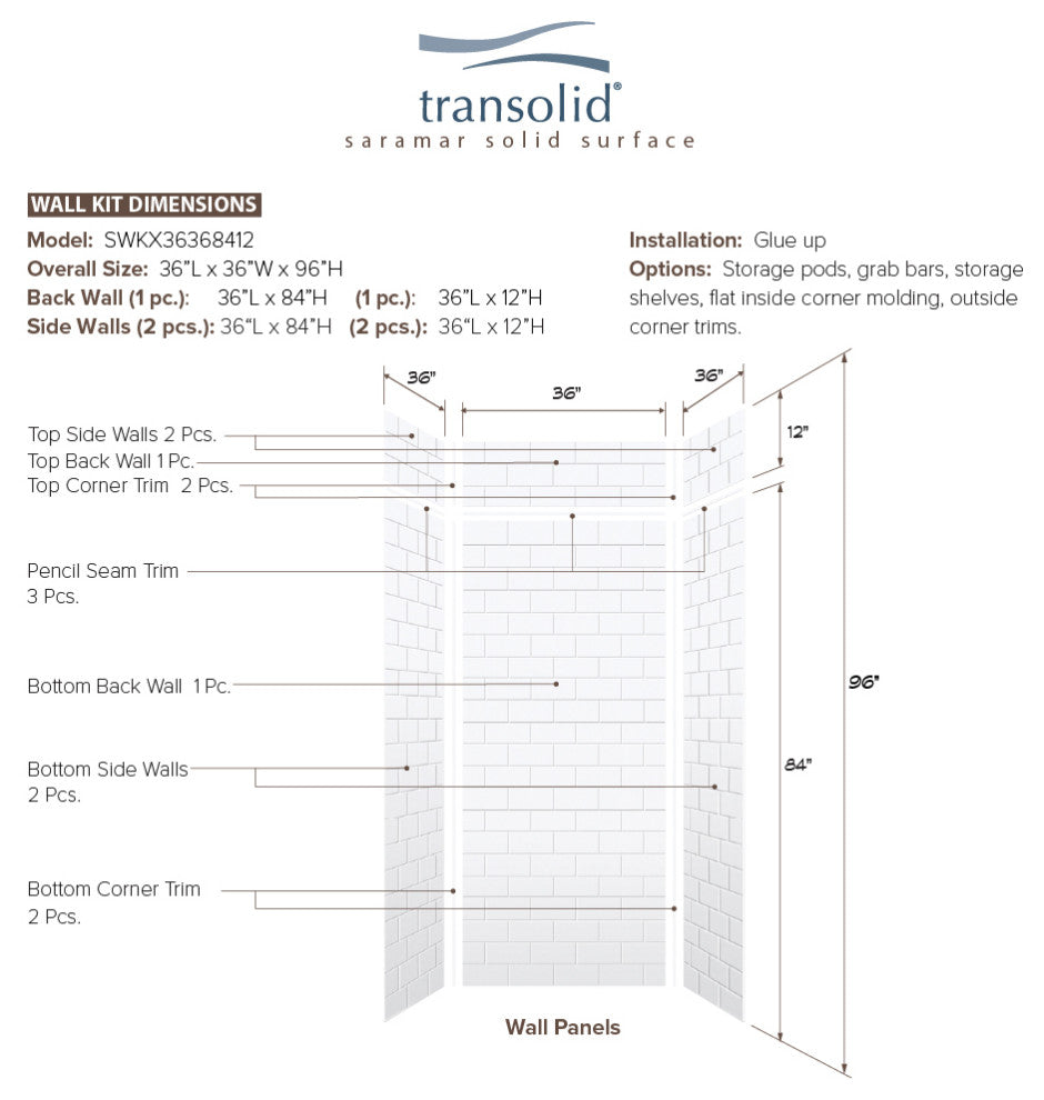 Transolid SaraMar 36"x36"x96" 6-Piece Shower Wall Kit with Extension, White