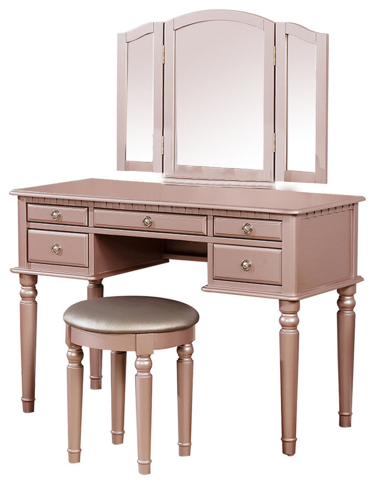 Benzara BM232895 Vanity Set With Turned Tapered Legs/3 Piece Mirror, Rose Gold