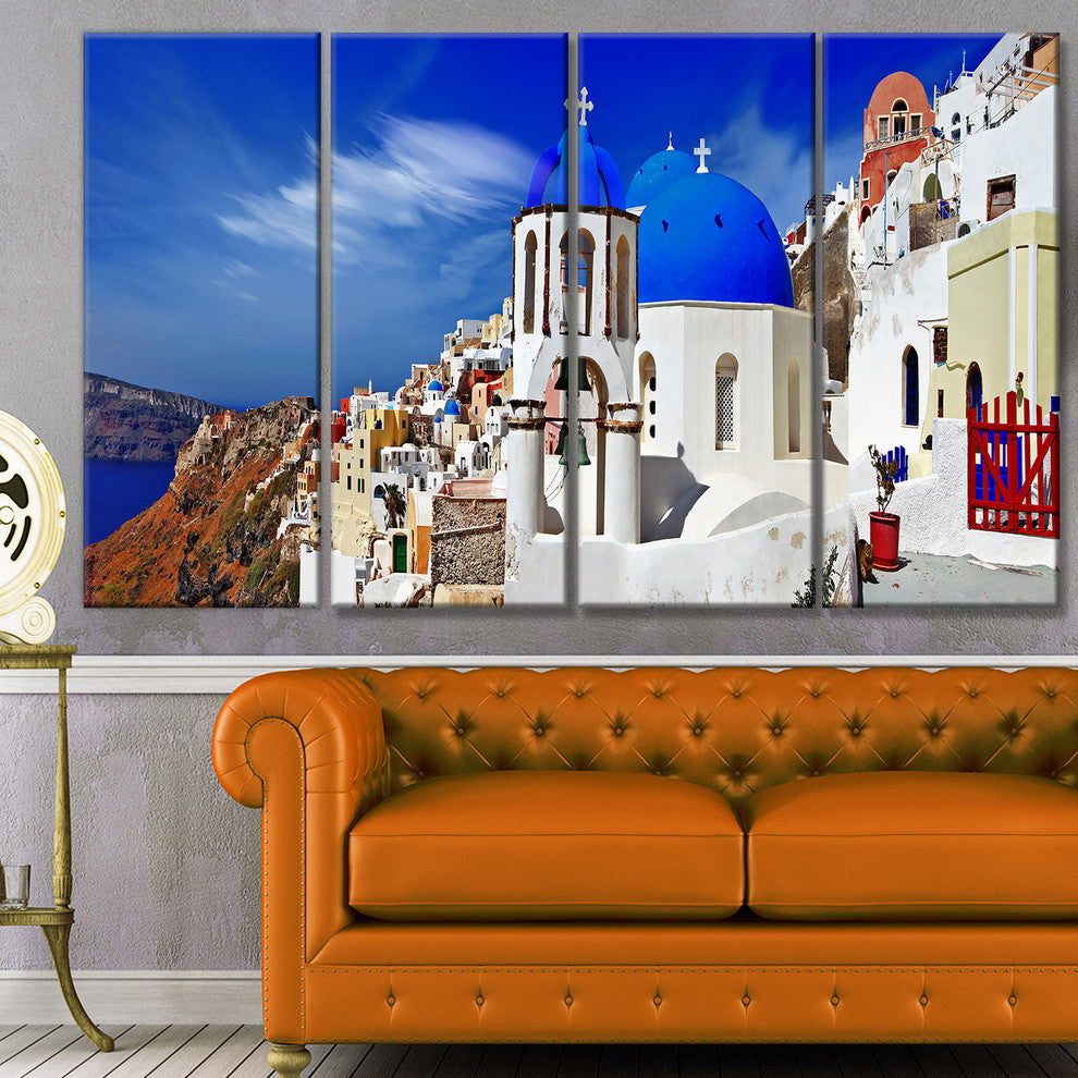 Oia Village Greece Panorama, Landscape Canvas Art Print, 48"x28", 4 Panels