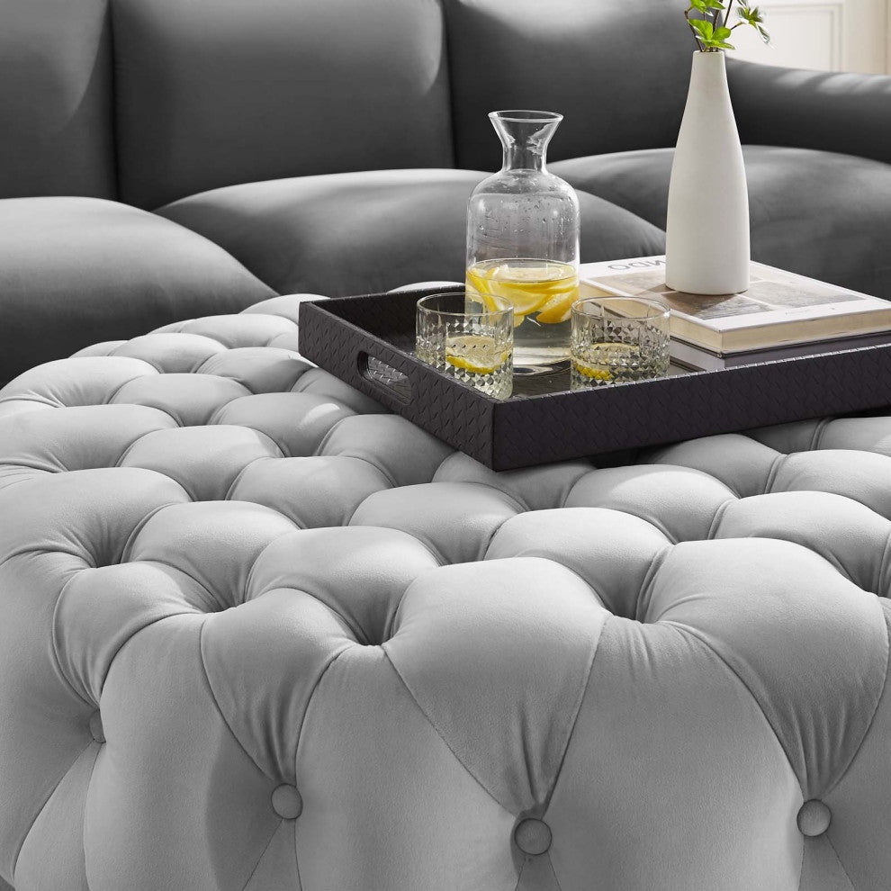 Round Ottoman Accent Tufted Chair, Gray, Velvet, Modern, Cafe Hospitality