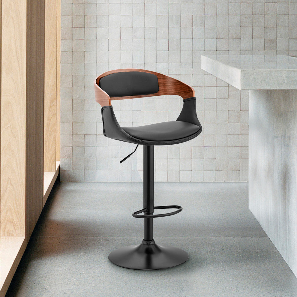 Benson Adjustable Faux Leather and Wood Bar Stool With Metal Base, Black and Wal