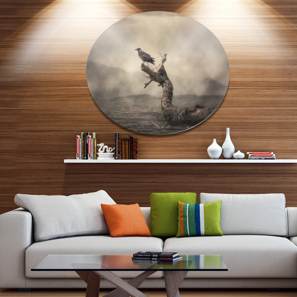 Crow Perching On Tree, Animal Round Metal Wall Art, 23"