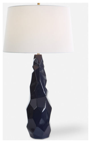 Abstract Faceted Gloss Navy Blue Ceramic Table Lamp 31 in Geometric Crinkle Luxe