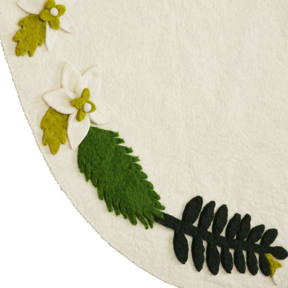 Handmade Christmas Tree Skirt, Felt Greenery on Cream