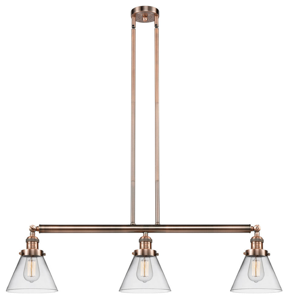 Large Cone 3-Light Island Light, Clear Glass, Antique Copper