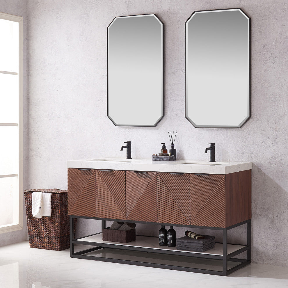 Mahon Bath Vanity, Stone Top, Matte Black Base, 60", Double Vanity, No Mirror