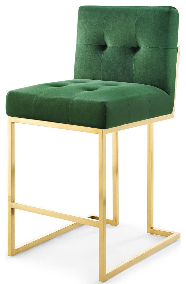 Counter Stool Chair, Set of 2, Velvet, Metal, Gold Green, Modern, Bar Pub Bistro