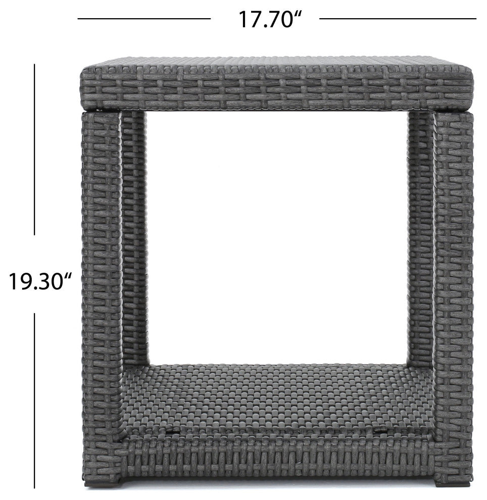 GDF Studio 3-Piece Parham Outdoor Gray Wicker Stacking Chair Chat Set, Box Table
