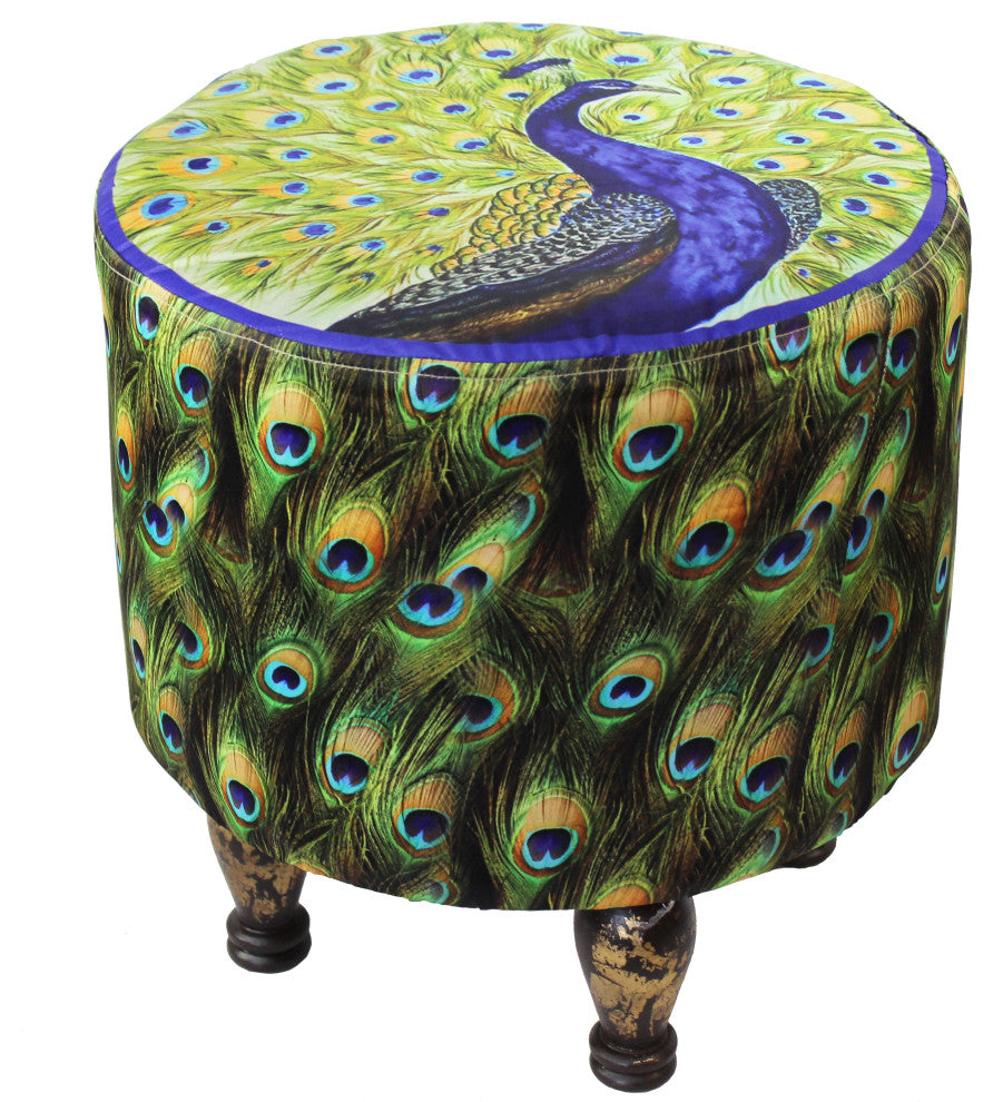 Natural Geo Blue/Green Peacock Decorative 17" Round Stool