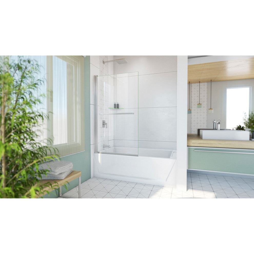 DreamLine Aqua-Q Swing 34 in. W x 58 in. H Frameless Tub Door, Brushed Nickel