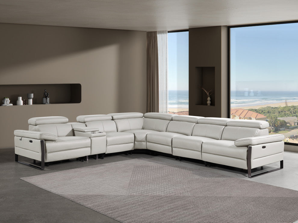 Antonio Italian Leather 7-Piece L-Shaped Power Reclining Sectional, Light Gray