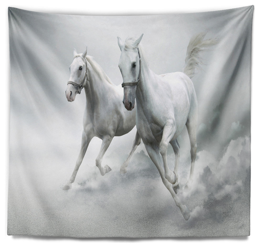 Running White Horses Animal Wall Tapestry, 80"x68"