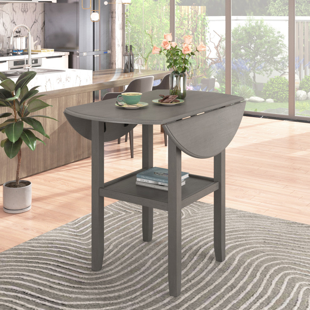 Round Counter Height Dining Table with Drop Leaf and One Shelf