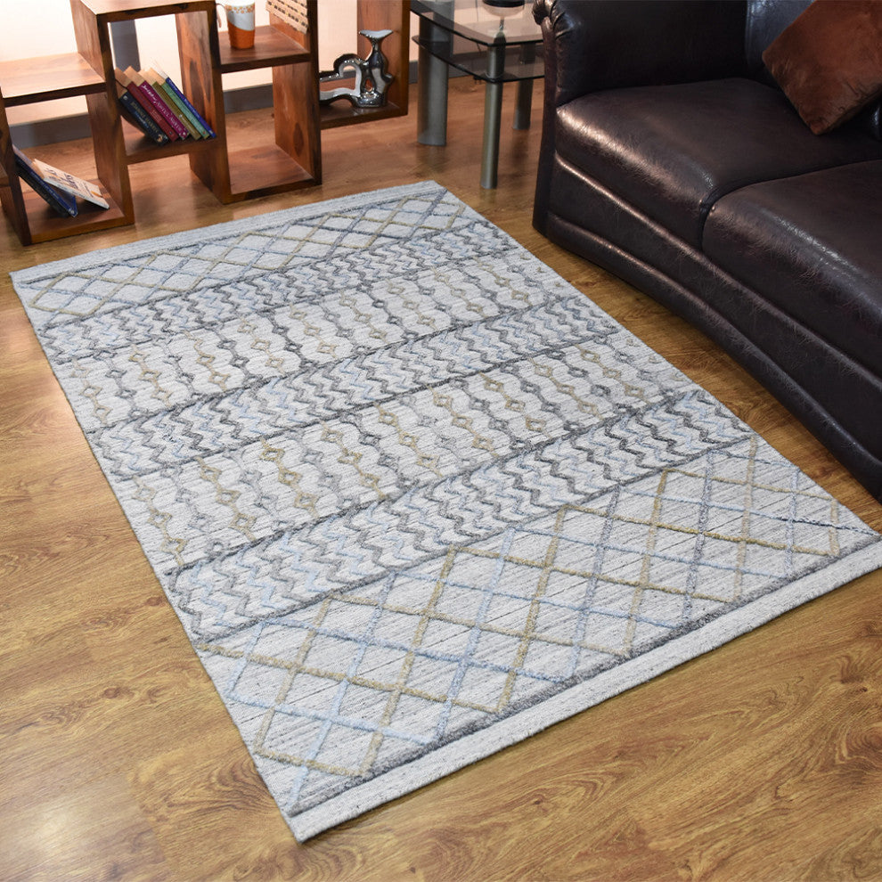 HAND WOVEN FLAT WEAVE KILIM POLYESTER RUG-Rectangle,Gray Multicolor,Contemporary, [Rectangle] 4'x6'
