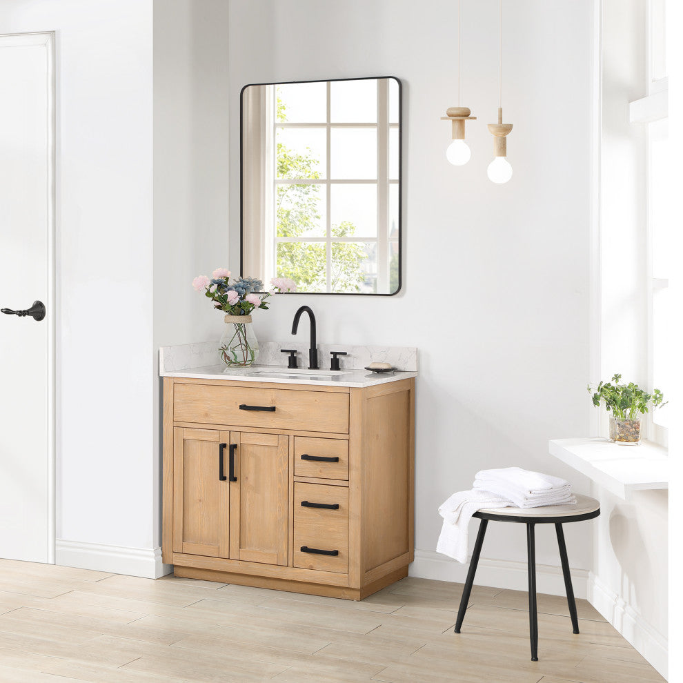 Gavino Vanity With Grain White Composite Stone Top, Light Brown/Matte Black, 36", With Mirror