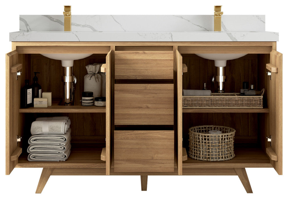 Madison Teak 60 Double Bathroom Vanity in Light Natural 2" Calacatta Laza