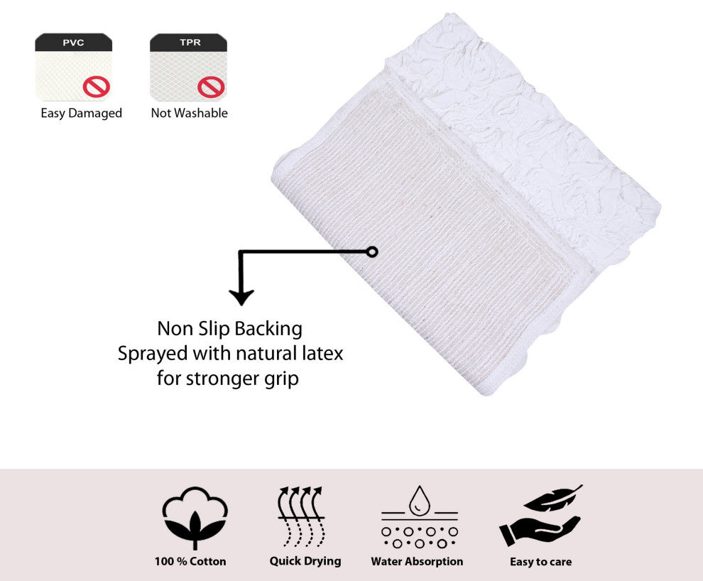 Bell Flower Collection Tufted Bath Rug, 3-Piece Set With Runner, White