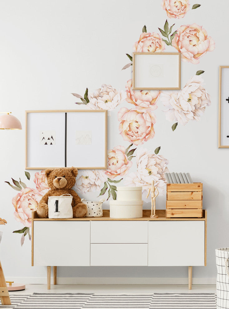 Peony Flowers Vinyl Wall Sticker, Large Set, Vintage Peach