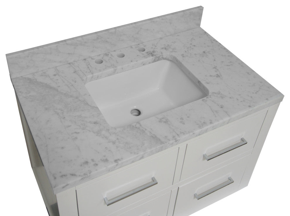 Helsinki 36" Floating Wall Mounted Bathroom Vanity, White, Carrara Marble