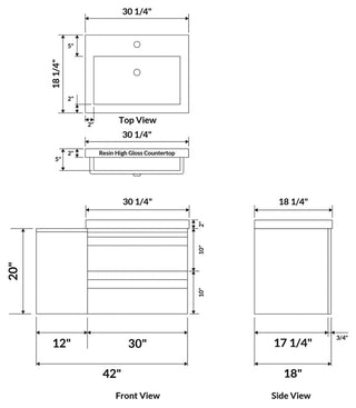 42" Wall-Mount White Vanity Set With Sink, LV8-C2W-42W, Style 8