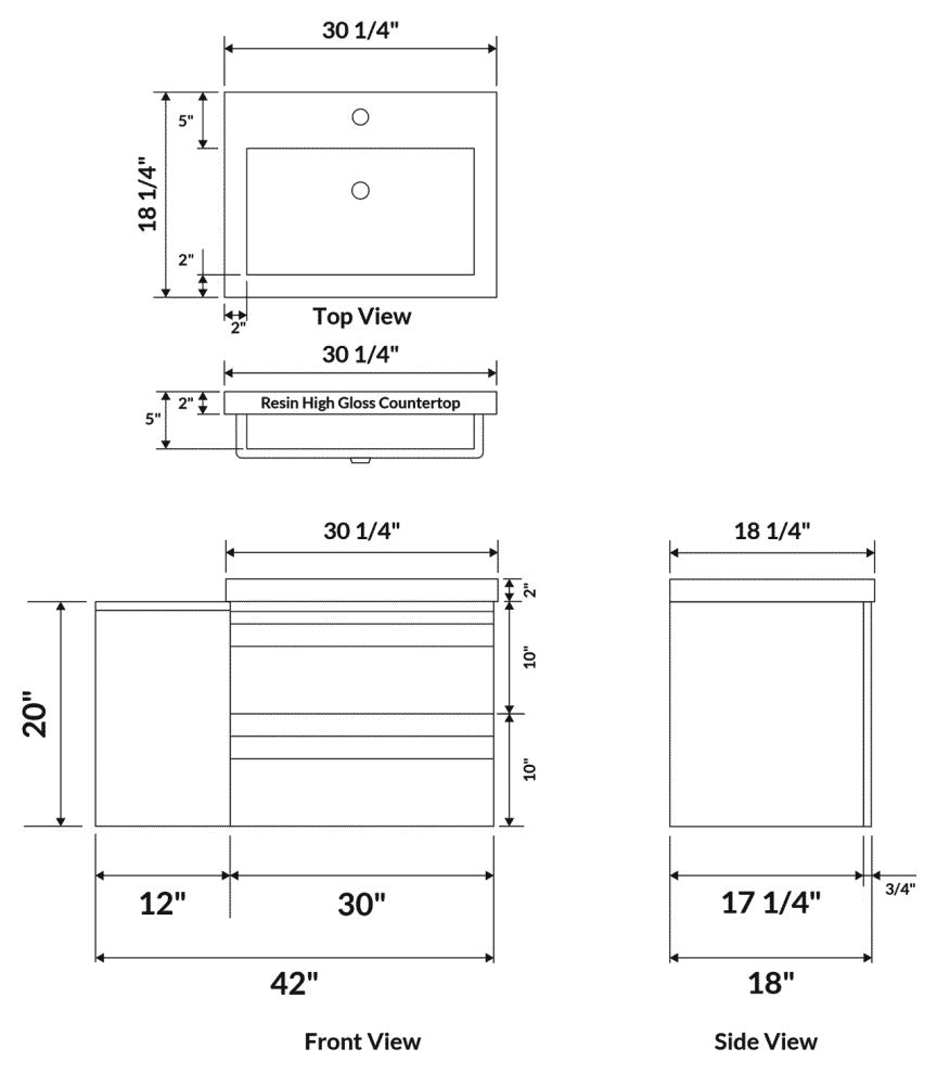 42" Wall-Mount White Vanity Set With Sink, LV8-C2W-42W, Style 8
