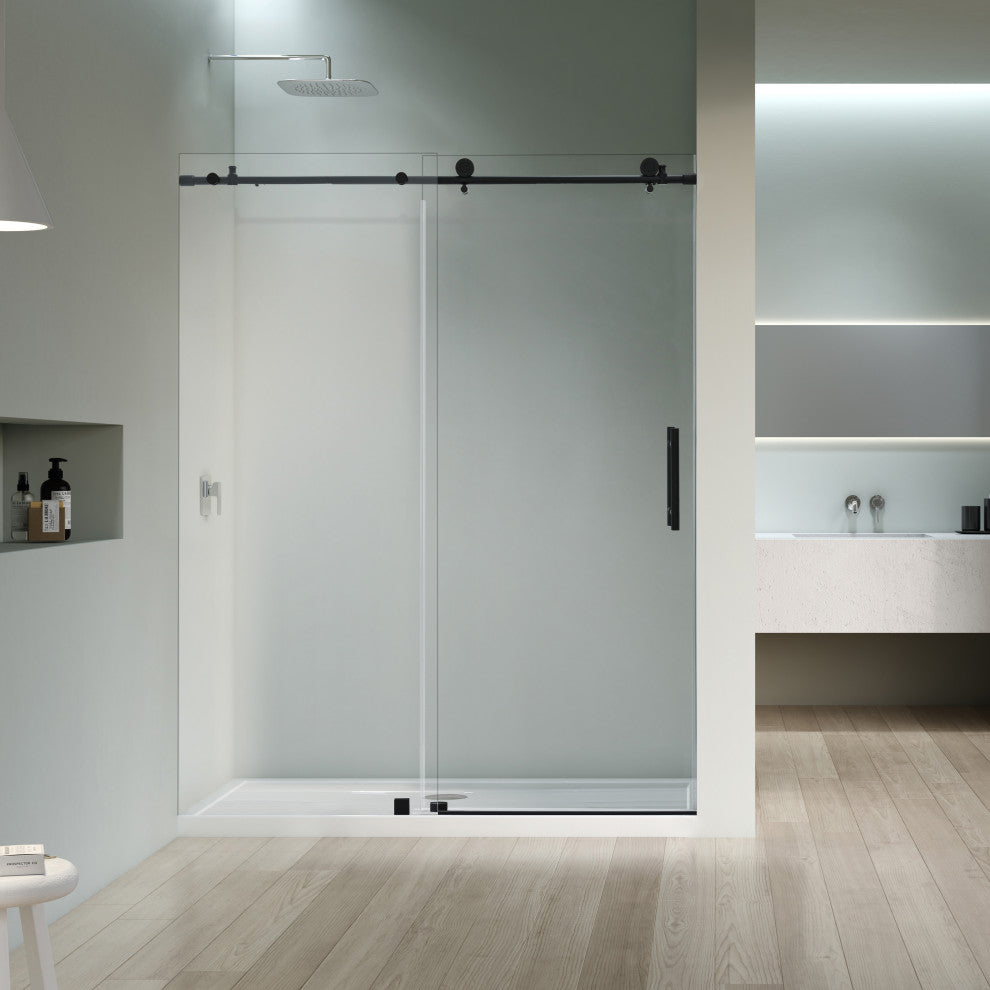 56"“60"Wx76" Frameless Sliding Shower Door With Clear Glass, Matte Black