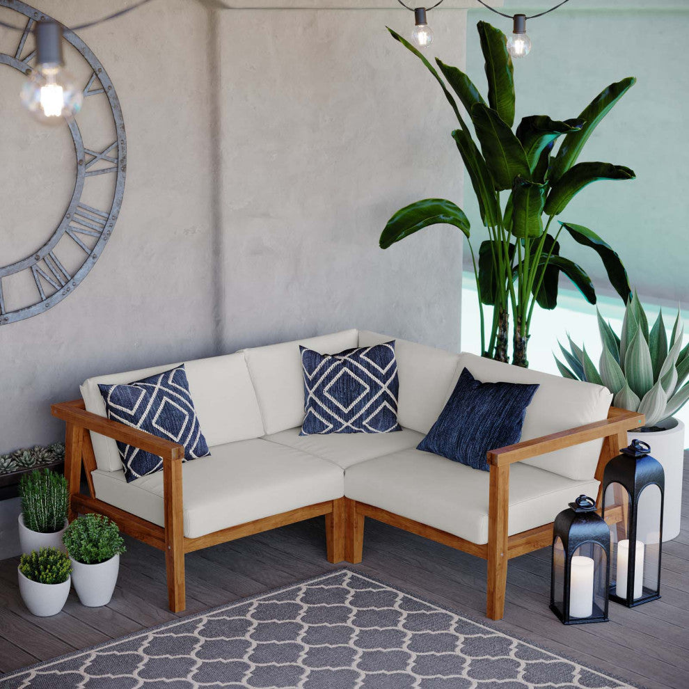 Lounge Sectional Sofa Chair Set, White Natural, Wood, Modern, Outdoor Patio