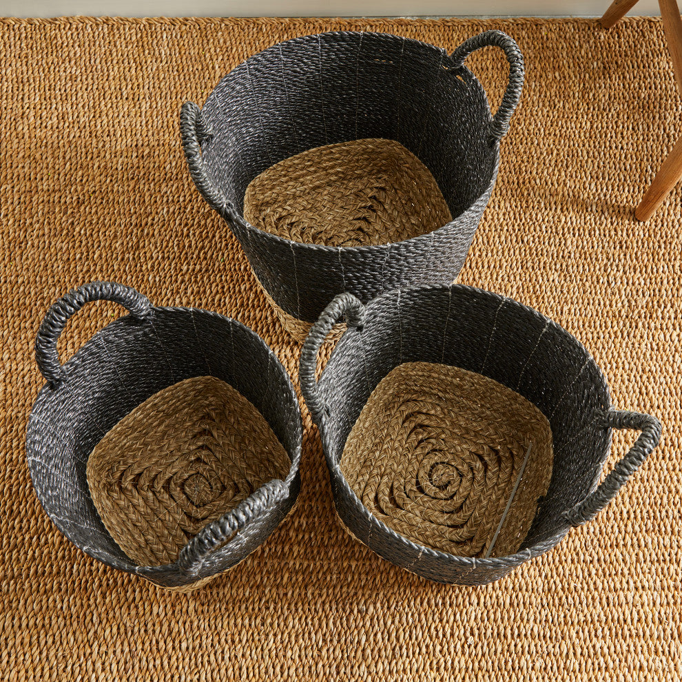 Set of 3 Contemporary Casual Natural Black Round Tote Baskets Handles Large