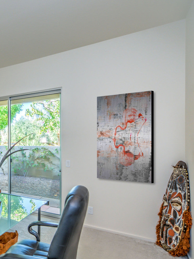 "Flamingo Reflection" Painting Print on Brushed Aluminum, 24"x36"