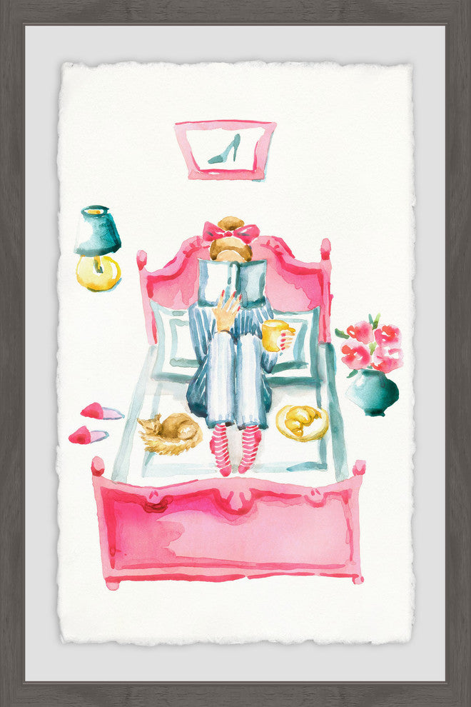 "Pink Bed Reading" Framed Painting Print, 16"x24"