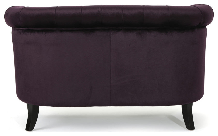 GDF Studio Melaina Tufted Scroll Arm New Velvet Loveseat, Blackberry