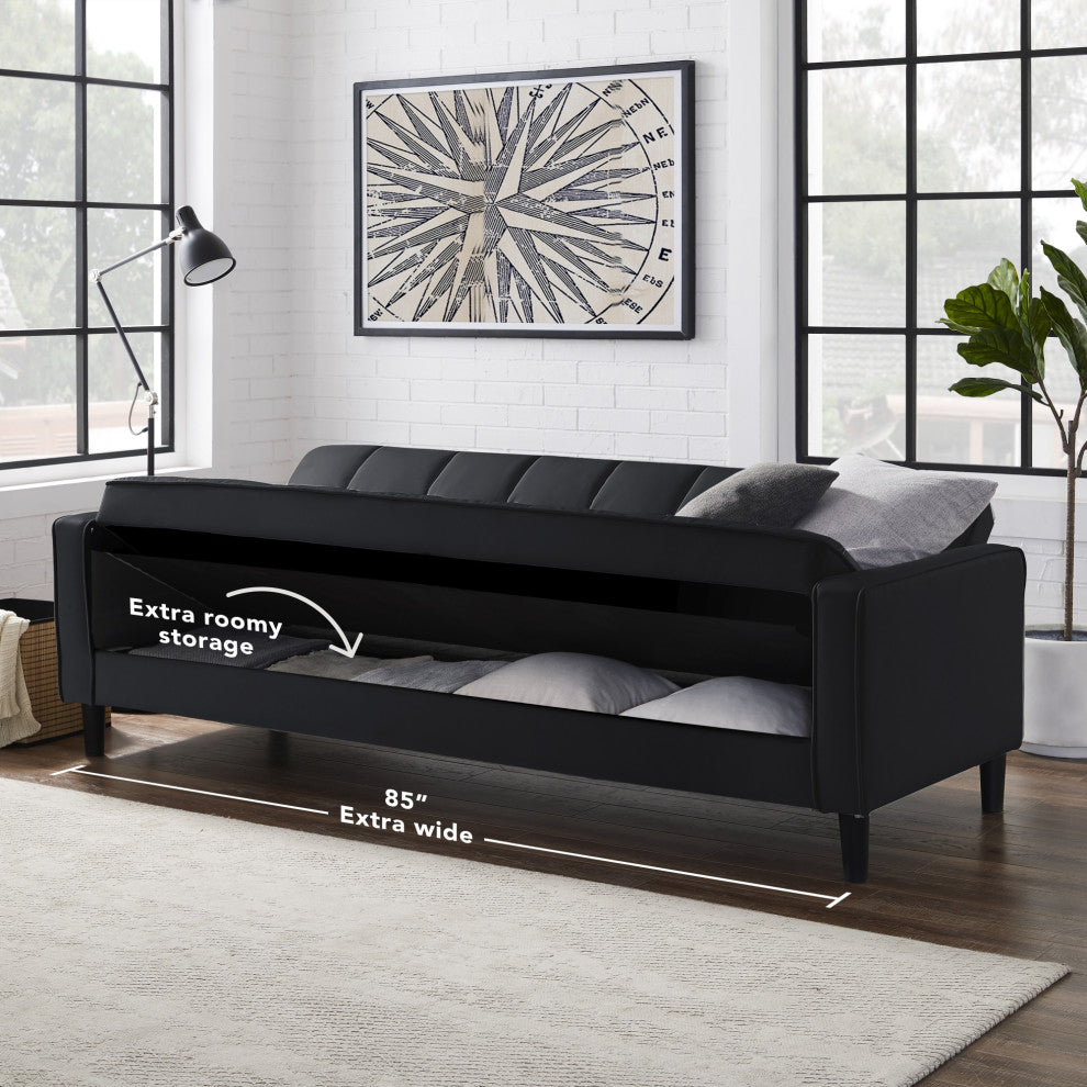 Loft Lyfe Paley Convertible Sofa Bed, With Storage, 85" Wide, Black Leather