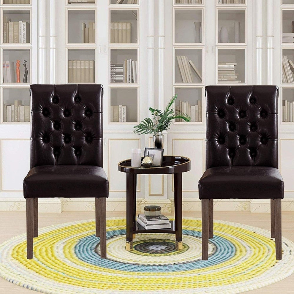 Button Tufted Armless Dining Room Chairs, Set of 2, Brown