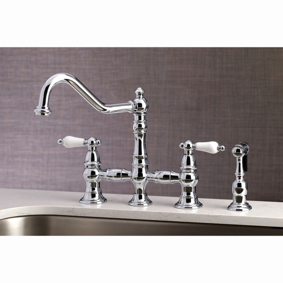 KS3271PLBS Restoration 8" Bridge Kitchen Faucet With Sprayer, Polished Chrome