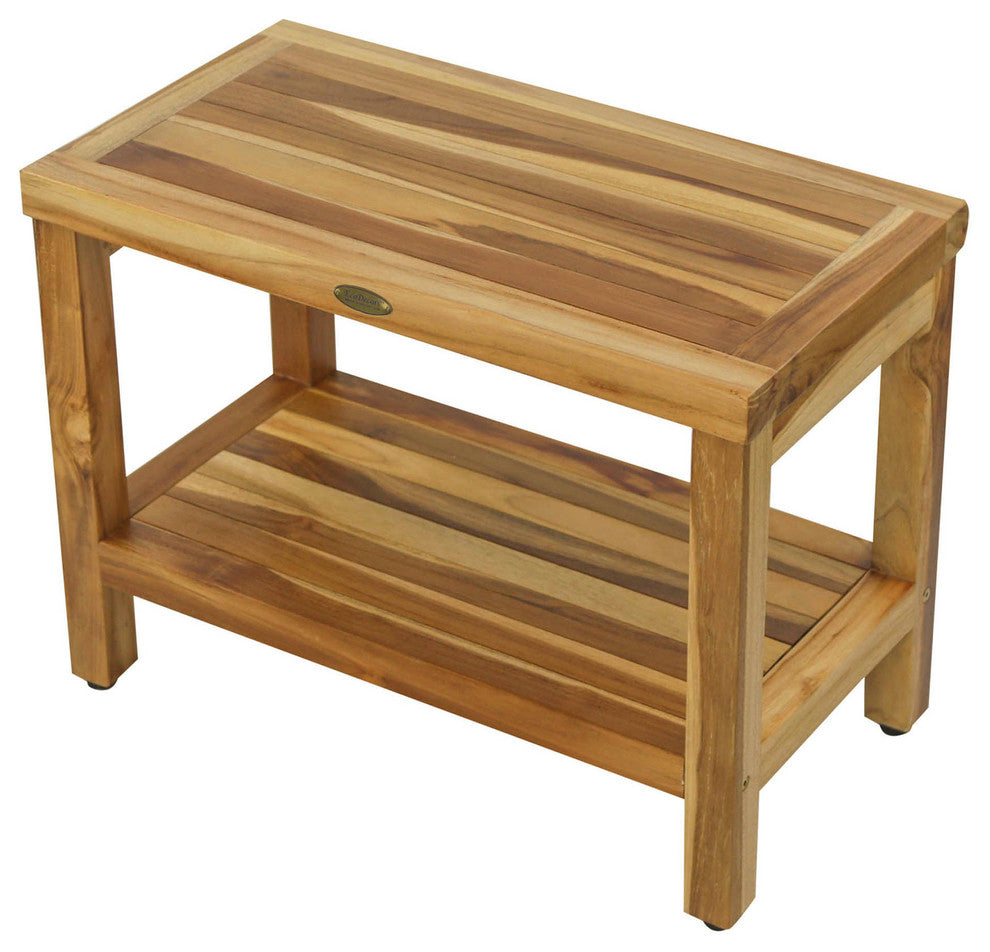 EcoDecors EarthyTeak Classic Teak Shower Bench With Shelf, 24"