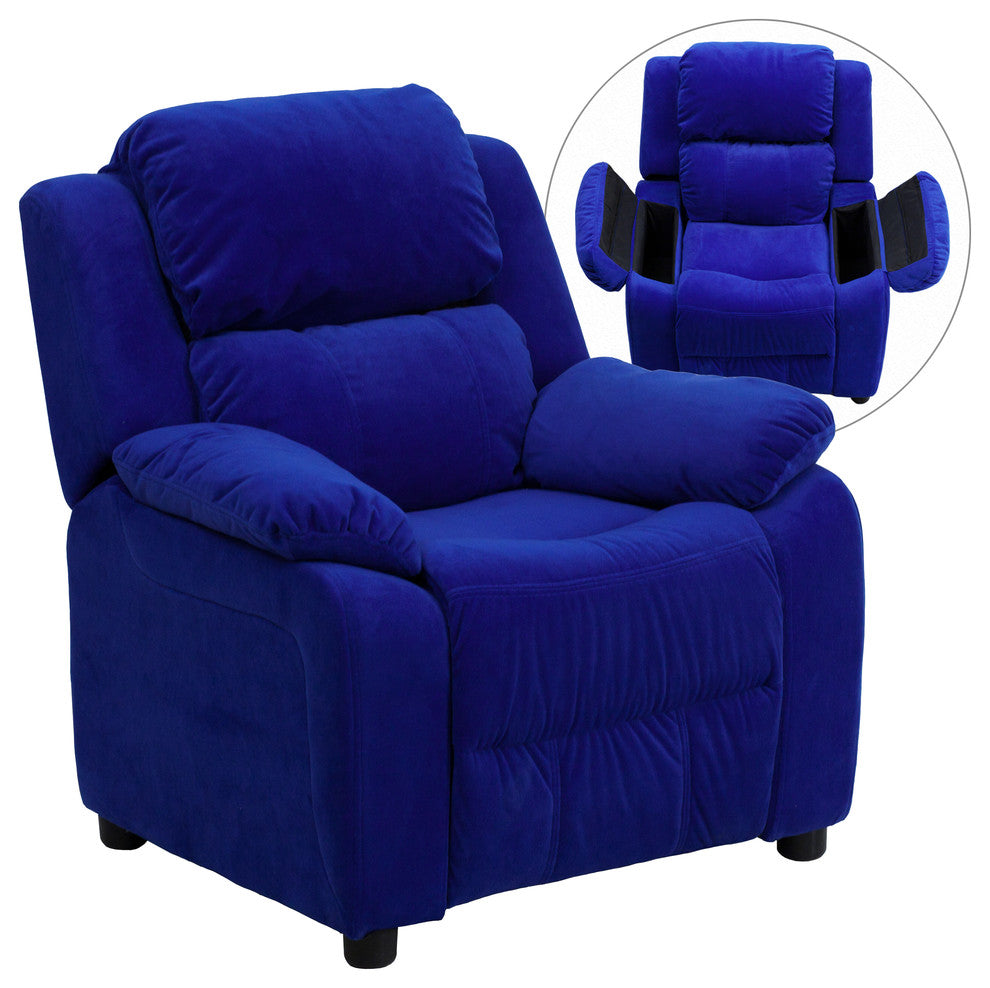 Deluxe Padded Kids Recliner With Storage Arms, Blue Microfiber