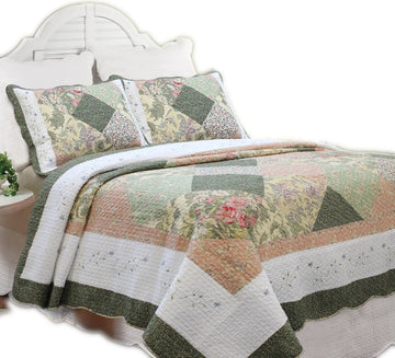 Grace Forest Green Real Patchwork Cotton Quilt Set, Full/Queen Set