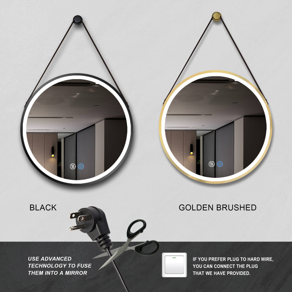 32'' Round Metal Framed Smart 3-Color Dimmable Anti-Fog LED Vanity Mirror, Black