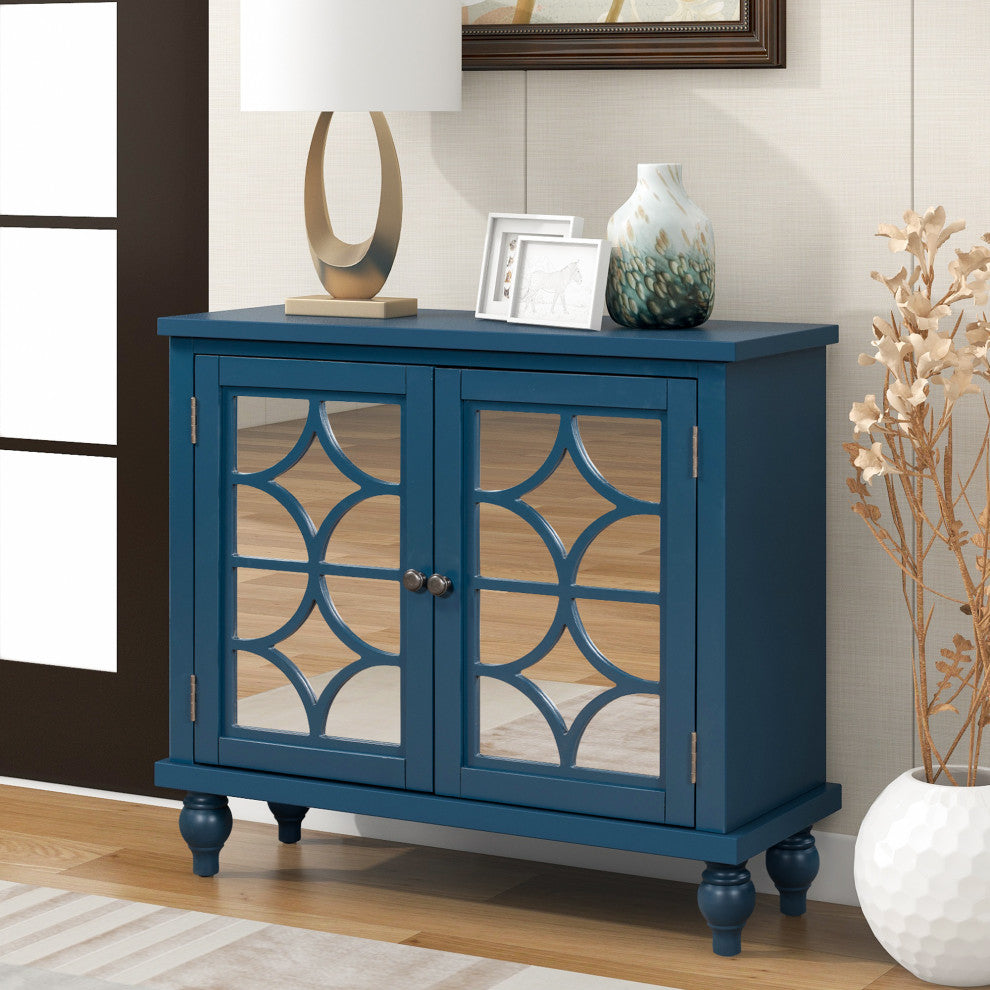 Wood Double Mirrored Door Accent Cabinet with Adjustable Shelf, Blue, 35" X 14"