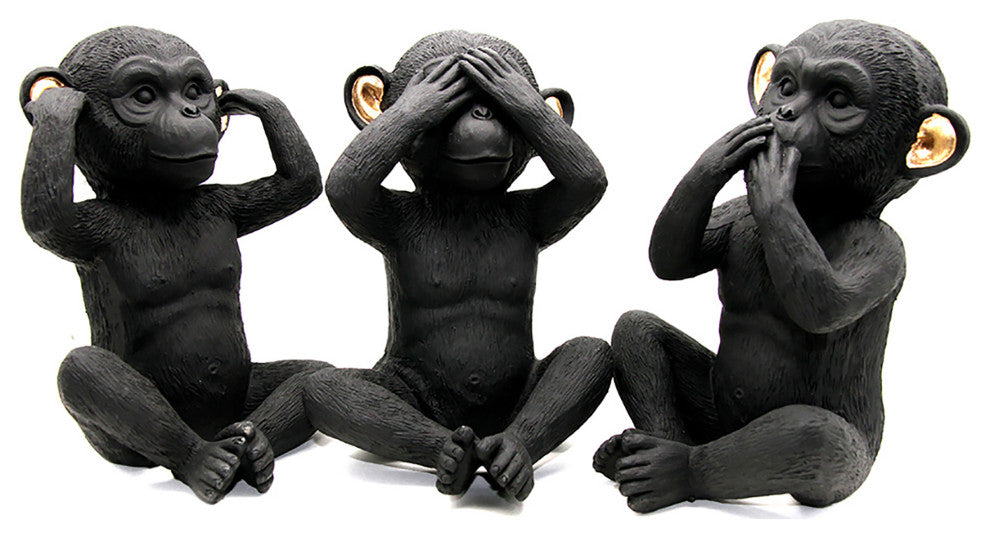 3 Wise Monkeys Speak Hear See No Evil Resin Black Gold Set of 3