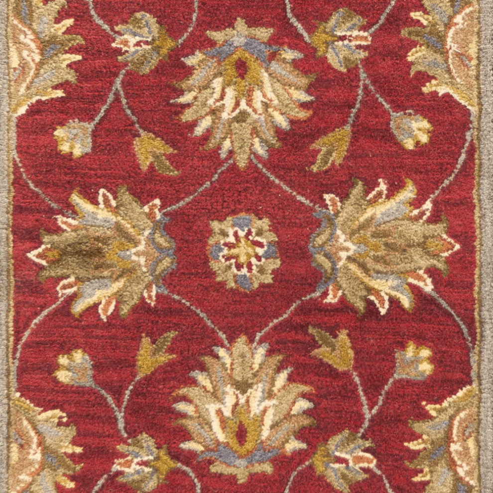 2' X 7' Red Floral Vines Bordered Wool Runner Rug