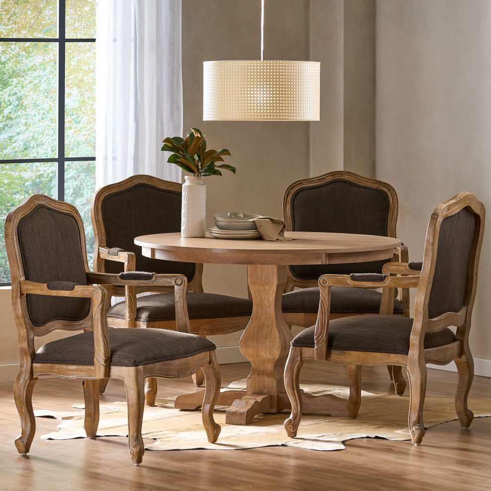 Absaroka French Country Fabric Upholstered Wood 5-Piece Dining Set, Natural/Brown