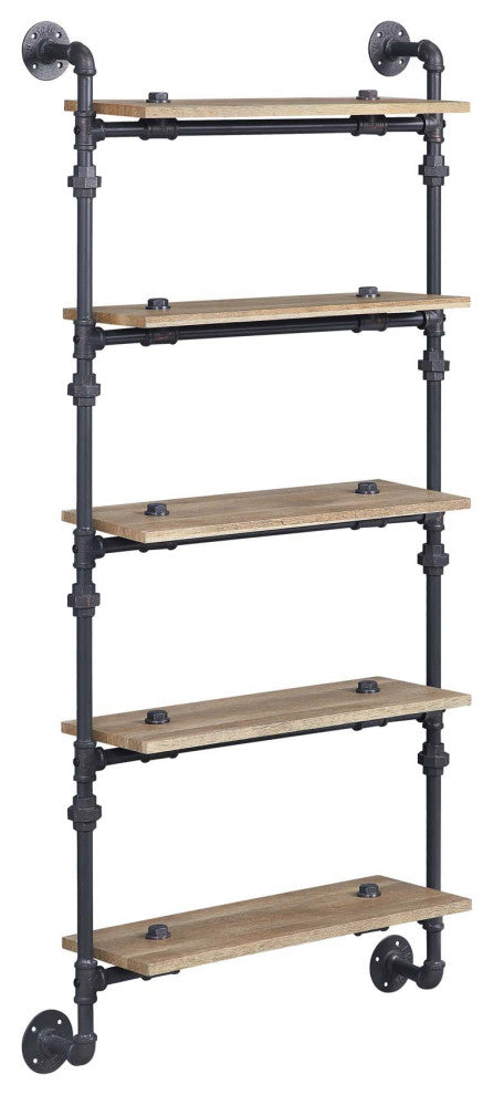 5 Tier Oak Wood Floating Shelf With Metal Tube, Sandy Black